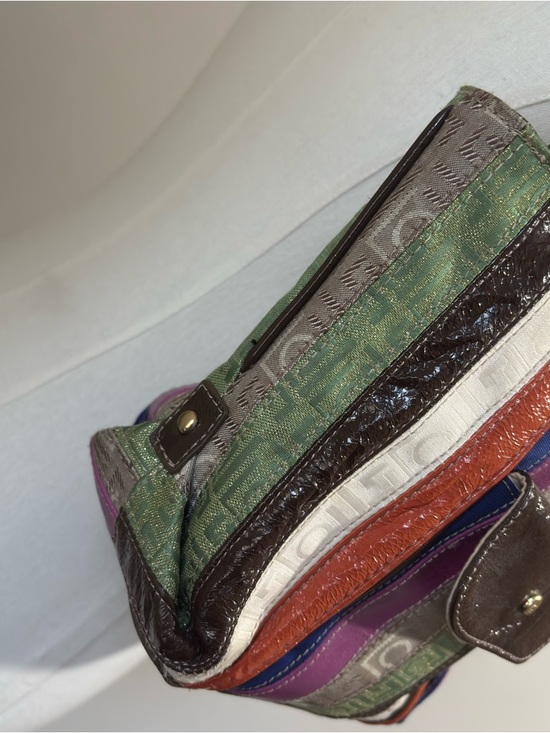 Y2K Vintage Colorful Striped Tote Bag Purse Brown Faux Patent Leather Trim Small - Picture 2 of 10